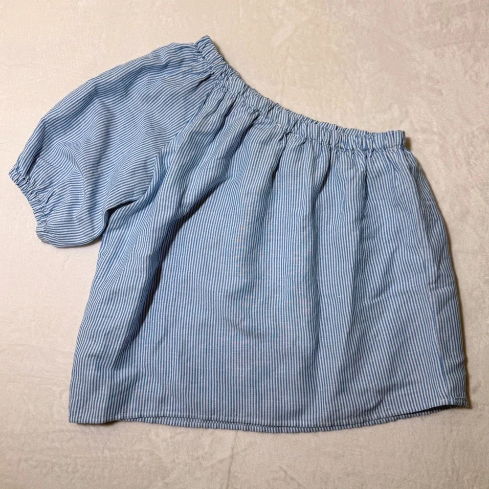 Loft Blue Stripe One Shoulder Top Medium Petite NWT Linen Blend Puff Sleeve